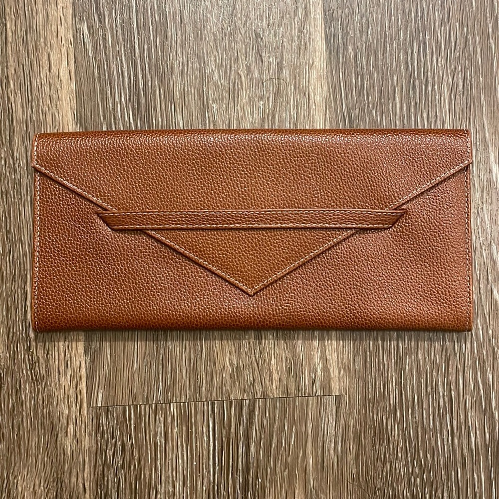 Beautiful TUSK brown Leather Envelope Clutch Wristlet Wallet with red lining